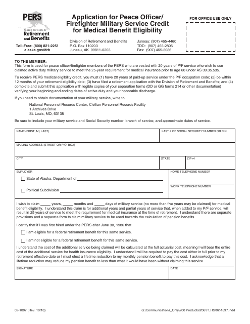 Form 02-1897 Application for Peace Officer/Firefighter Military Service Credit for Medical Benefit Eligibility - Alaska