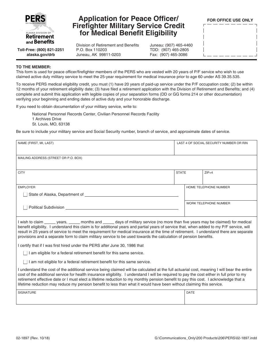 Form 02-1897 Application for Peace Officer / Firefighter Military Service Credit for Medical Benefit Eligibility - Alaska, Page 1