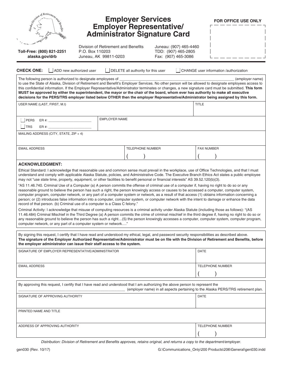 Form GEN030 Employer Representative / Administrator Signature Card - Employer Services - Alaska, Page 1
