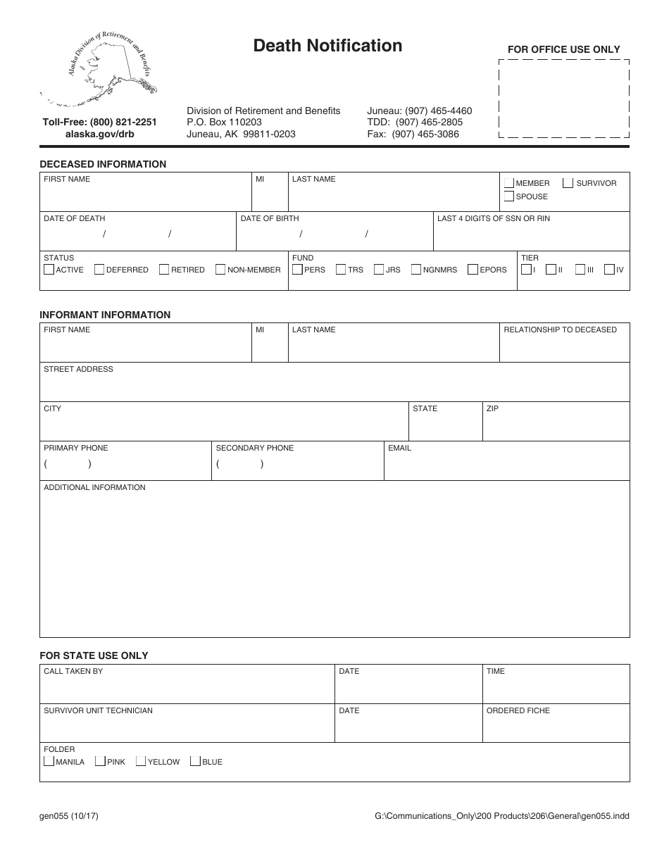 Form GEN055 Death Notification - Alaska, Page 1