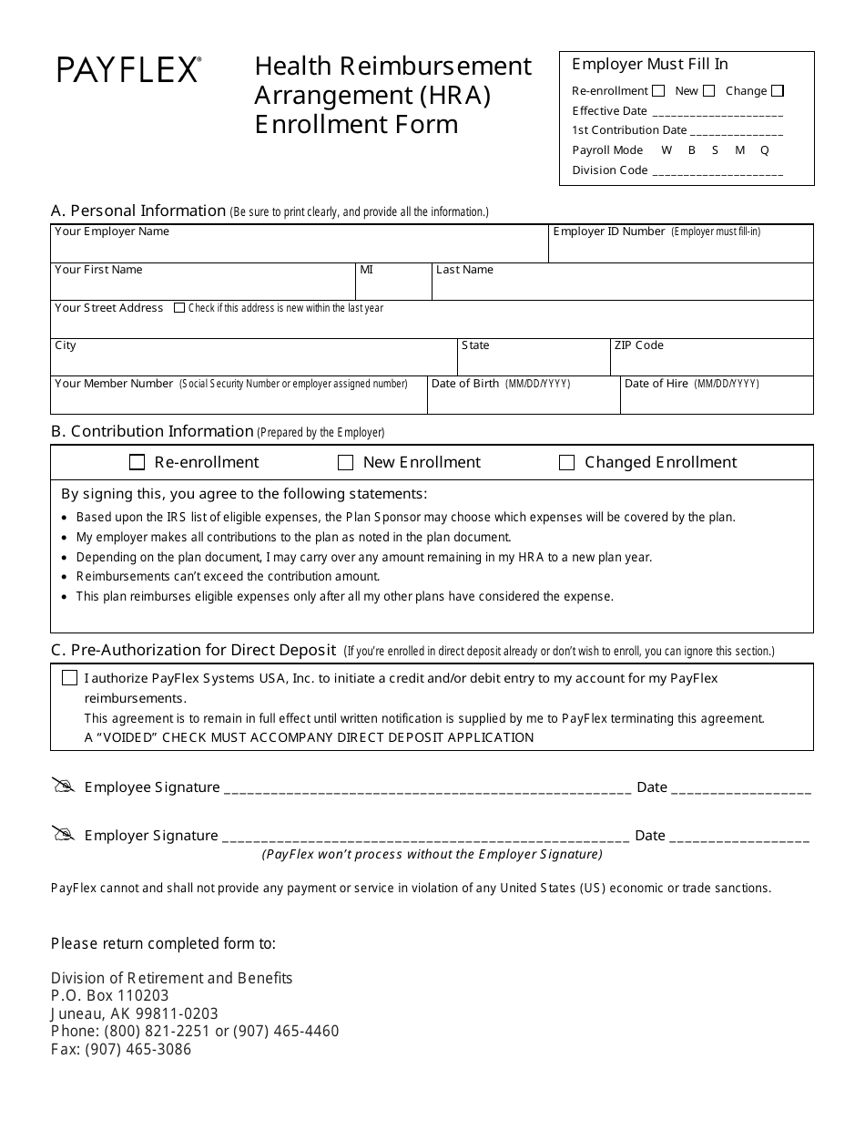 Health Reimbursement Arrangement (HRA) Enrollment Form - Payflex - Alaska, Page 1