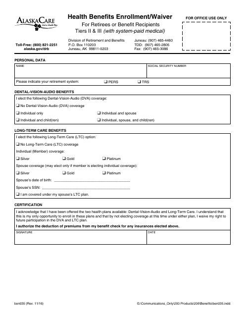 Form BEN035  Printable Pdf