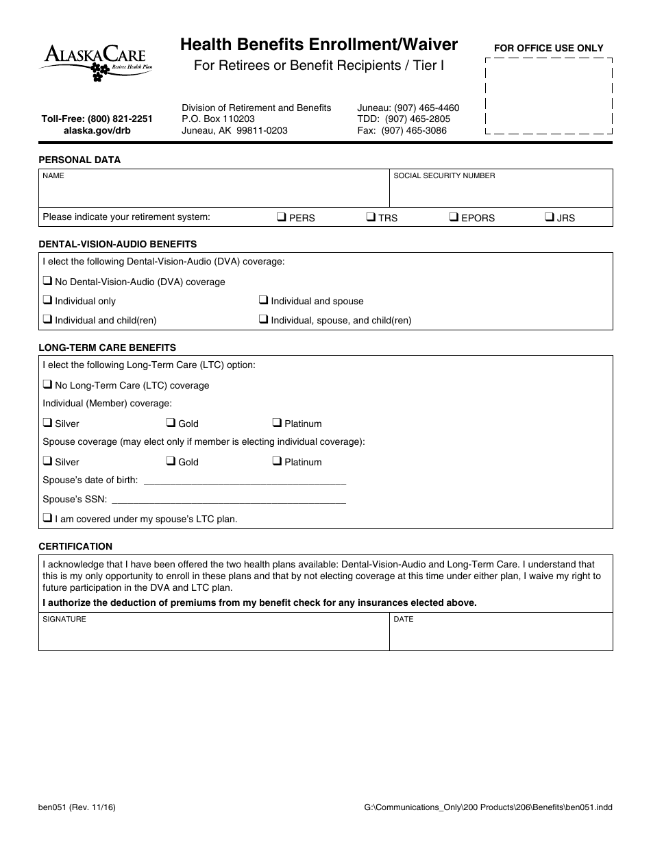 Form BEN051 Health Benefits Enrollment / Waiver for Retirees or Benefit Recipients / Tier I - Alaska, Page 1