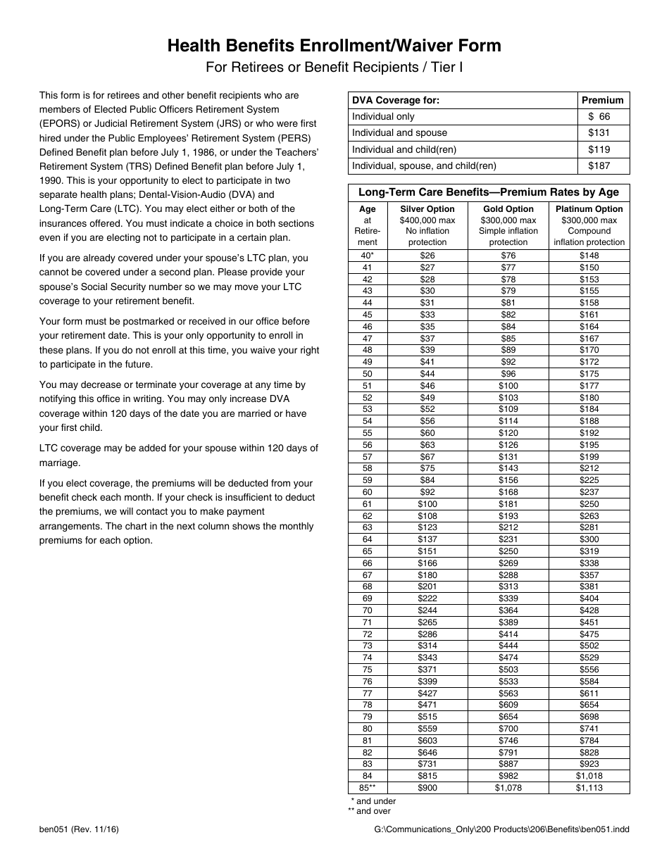 Form BEN051 Health Benefits Enrollment / Waiver for Retirees or Benefit Recipients / Tier I - Alaska, Page 2