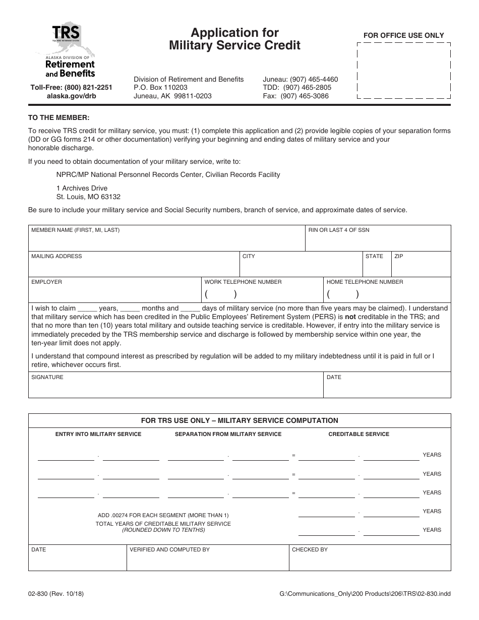 Form 02-830 Application for Military Service Credit - Alaska, Page 1
