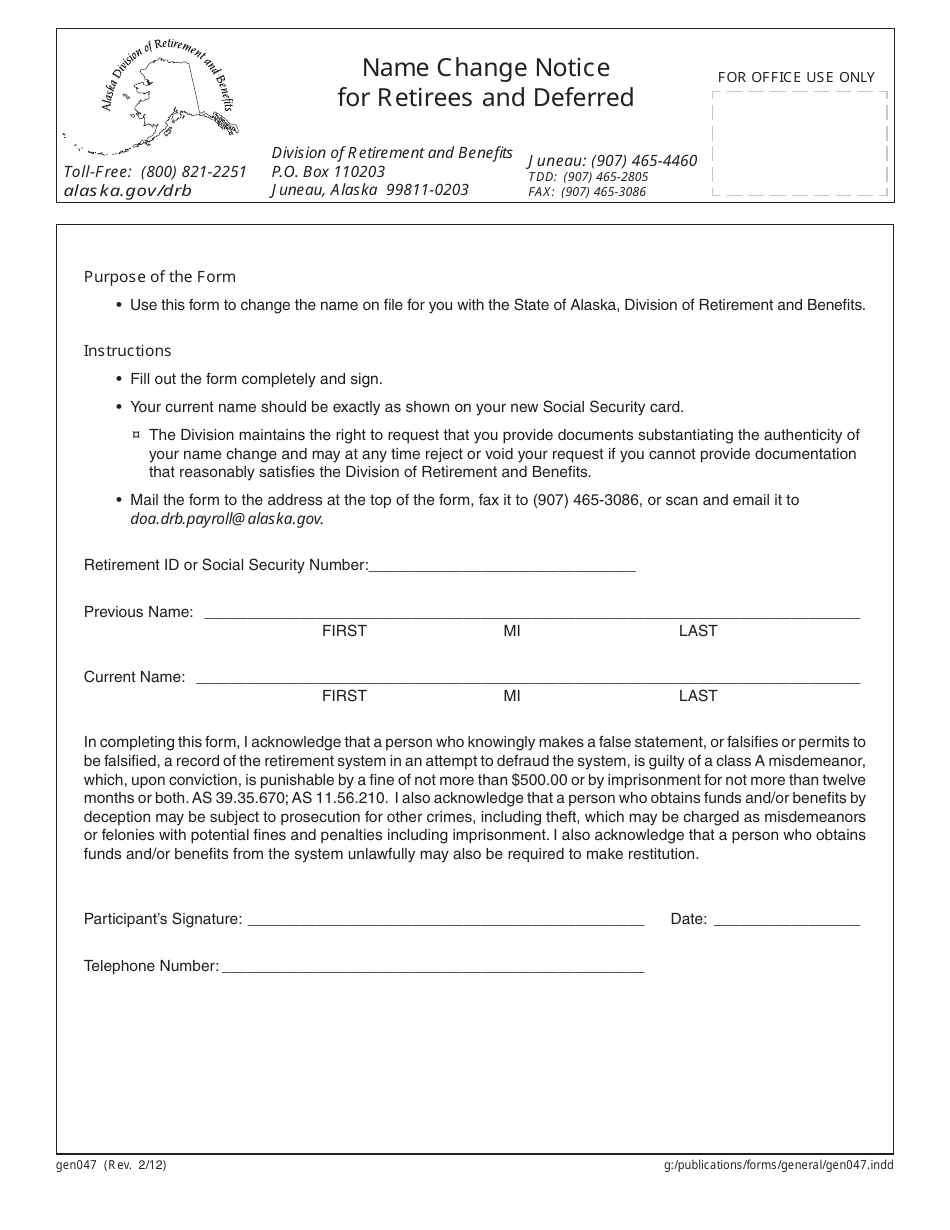 Form GEN047 Name Change Notice for Retirees and Deferred - Alaska, Page 1
