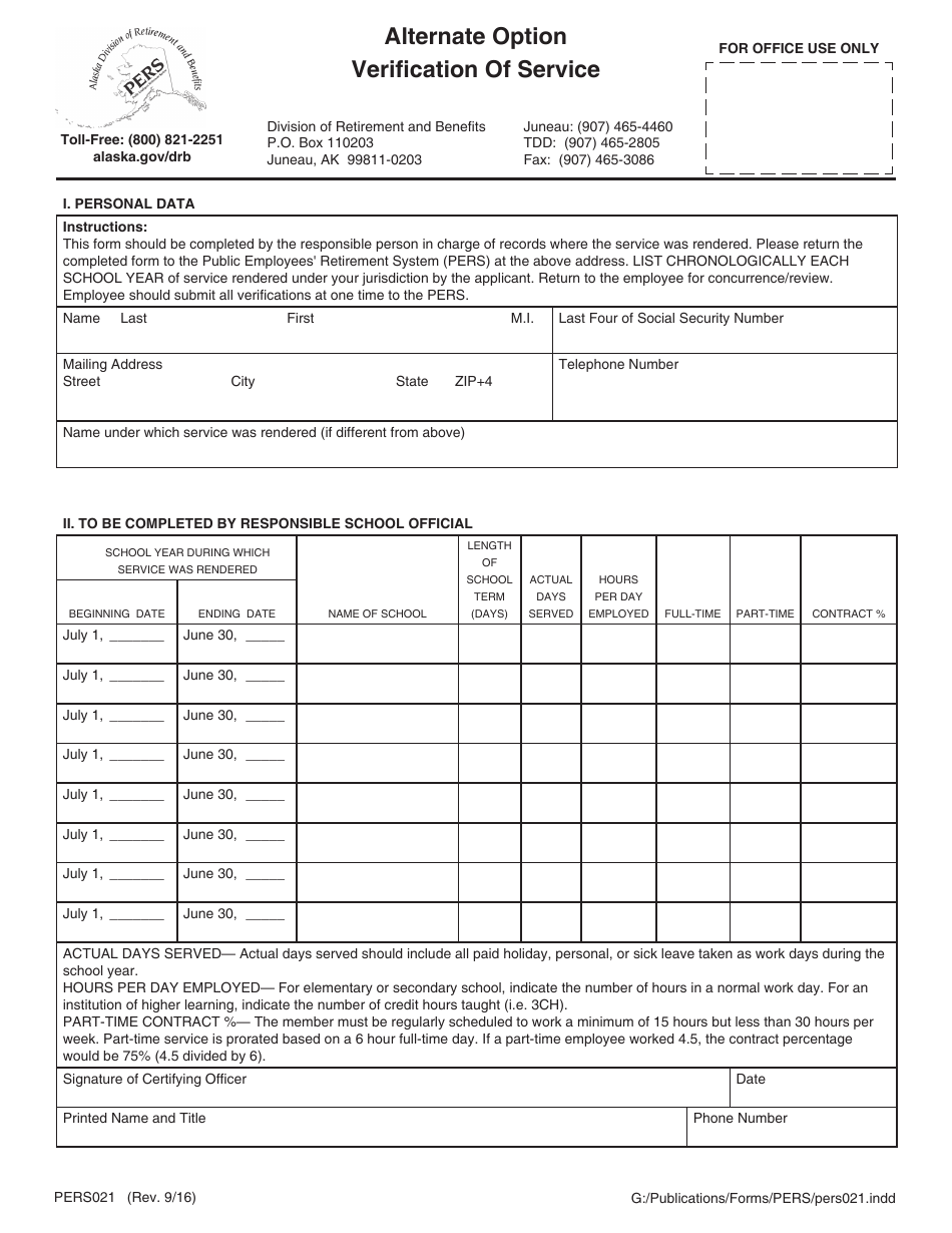 Form PERS021 Alternate Option Verification of Service - Alaska, Page 1
