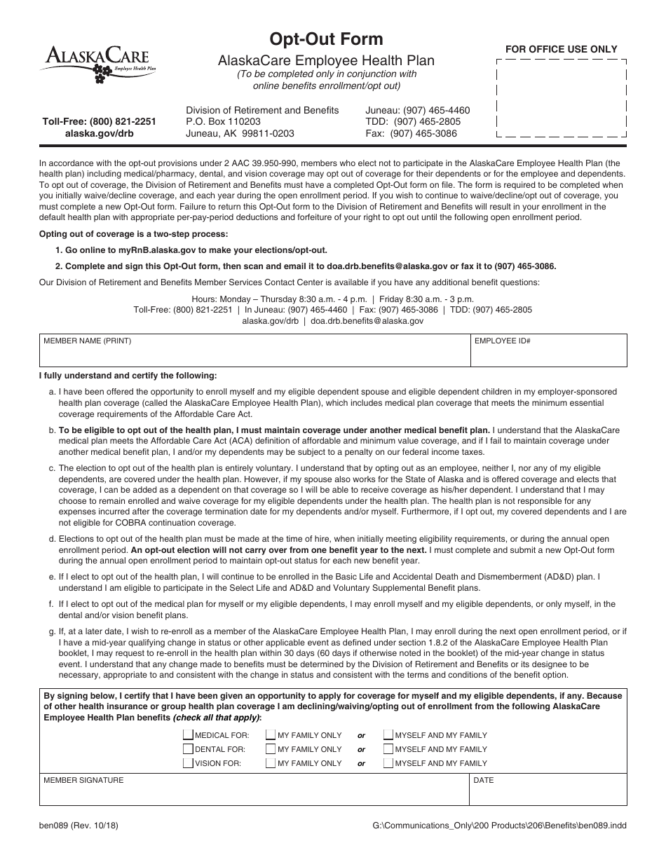 Form BEN089 Opt-Out Form - Alaska, Page 1