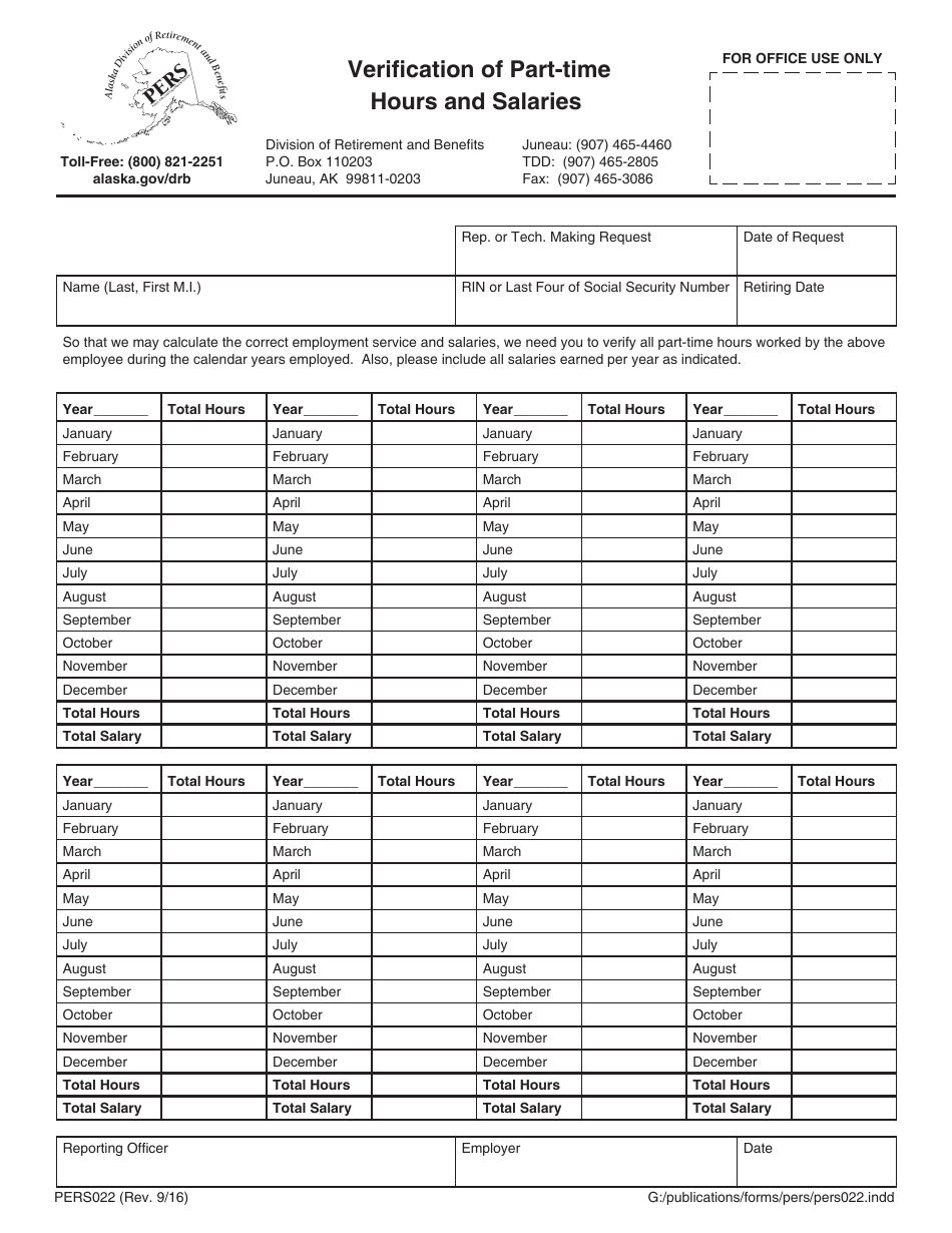 Form PERS022 Verification of Part-Time Hours and Salaries - Alaska, Page 1