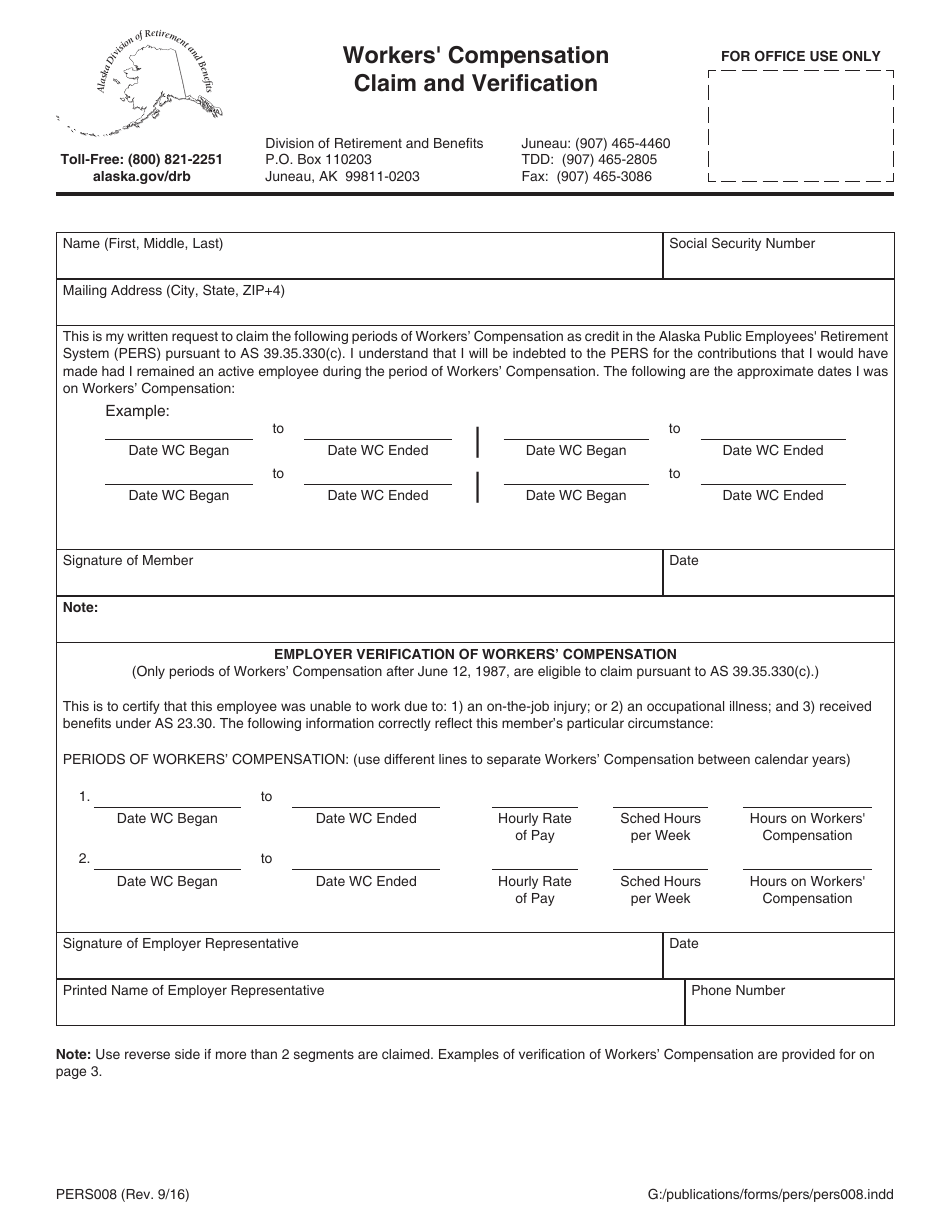 Form PERS008 Workers Compensation Claim and Verification - Alaska, Page 1