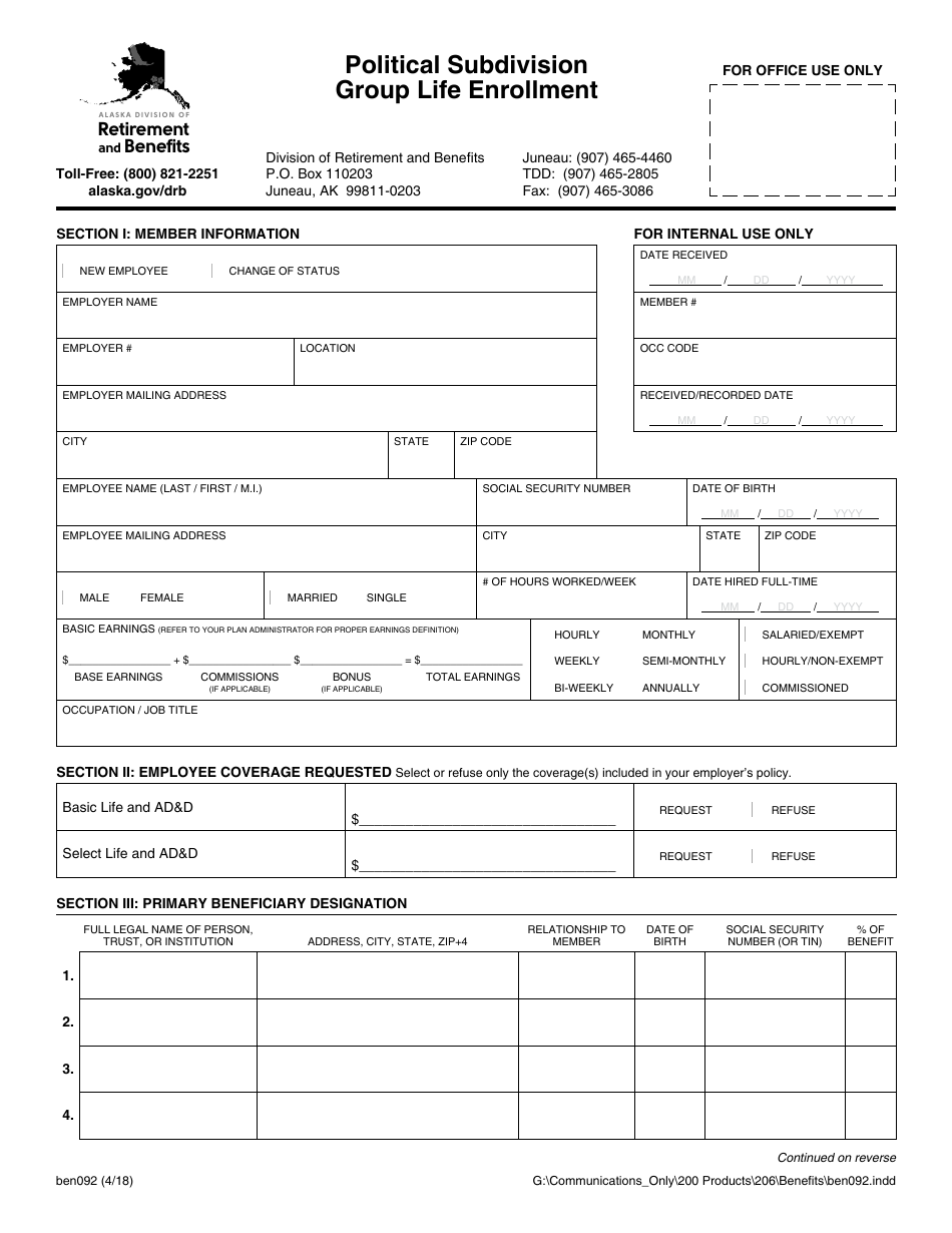 Form BEN092 Political Subdivision Group Life Enrollment - Alaska, Page 1