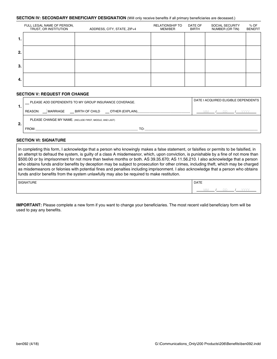 Form BEN092 Political Subdivision Group Life Enrollment - Alaska, Page 2
