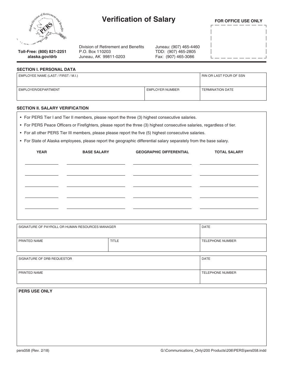 Form PERS058 Verification of Salary - Alaska, Page 1
