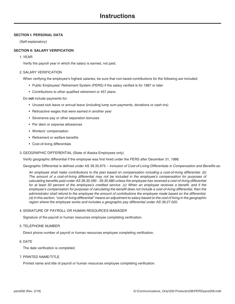 Form PERS058 Verification of Salary - Alaska, Page 2