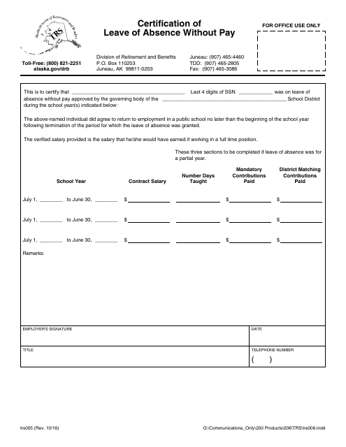 Form TRS005 Certification of Leave of Absence Without Pay - Alaska