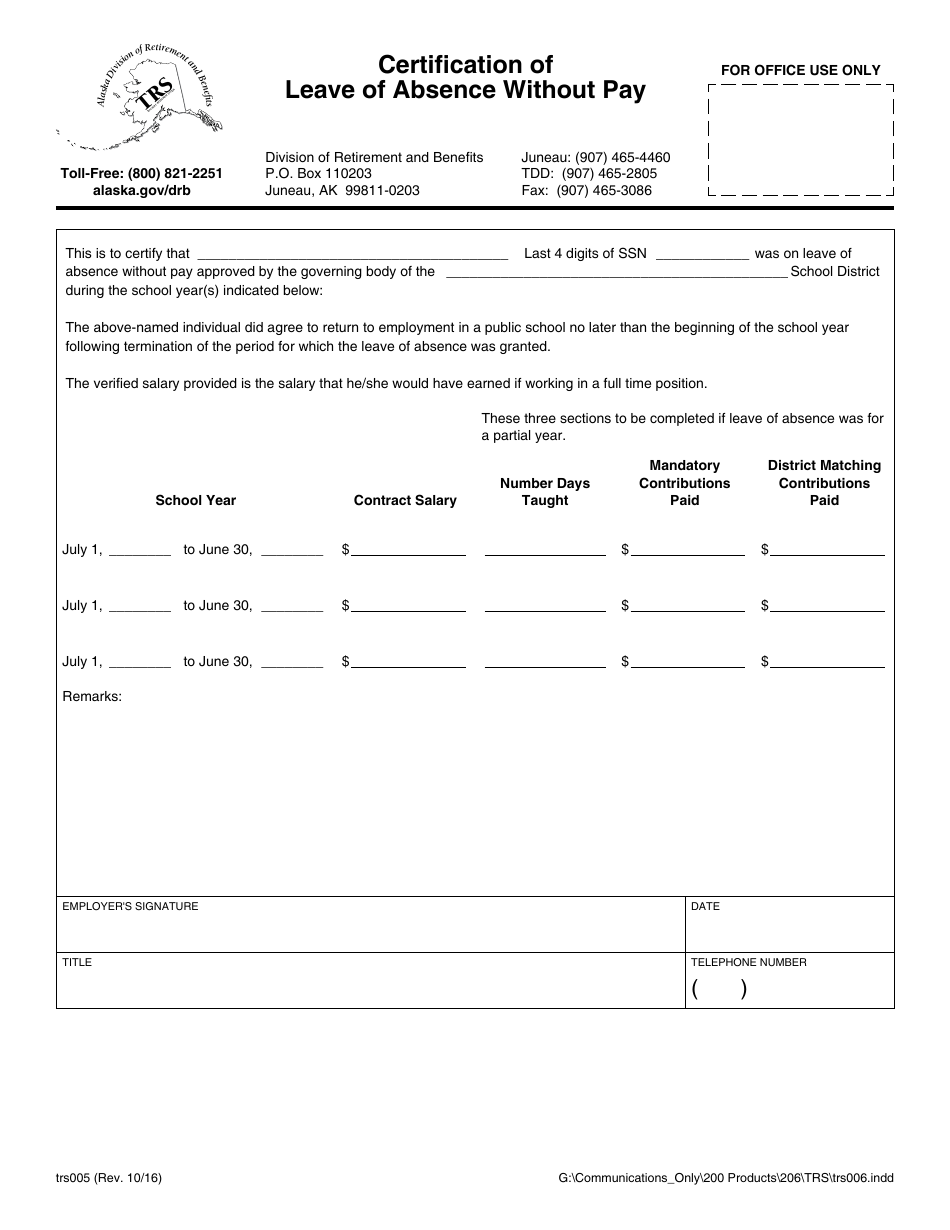 Form TRS005 Certification of Leave of Absence Without Pay - Alaska, Page 1