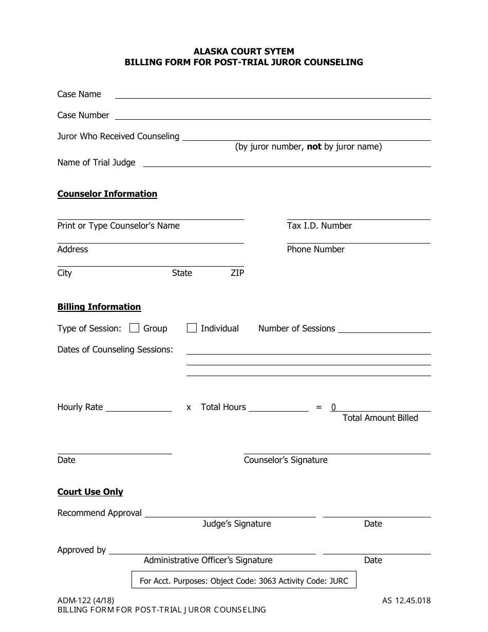 Form ADM-122 Billing Form for Post-trial Juror Counseling - Alaska, Page 1