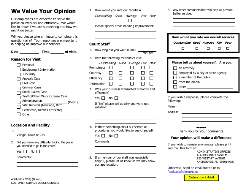 Form ADM-800 Customer Service Questionnaire - Alaska