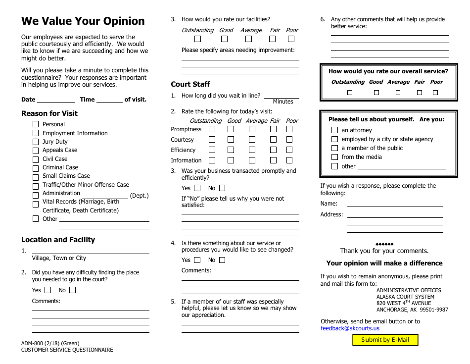 Form ADM-800 Customer Service Questionnaire - Alaska, Page 1