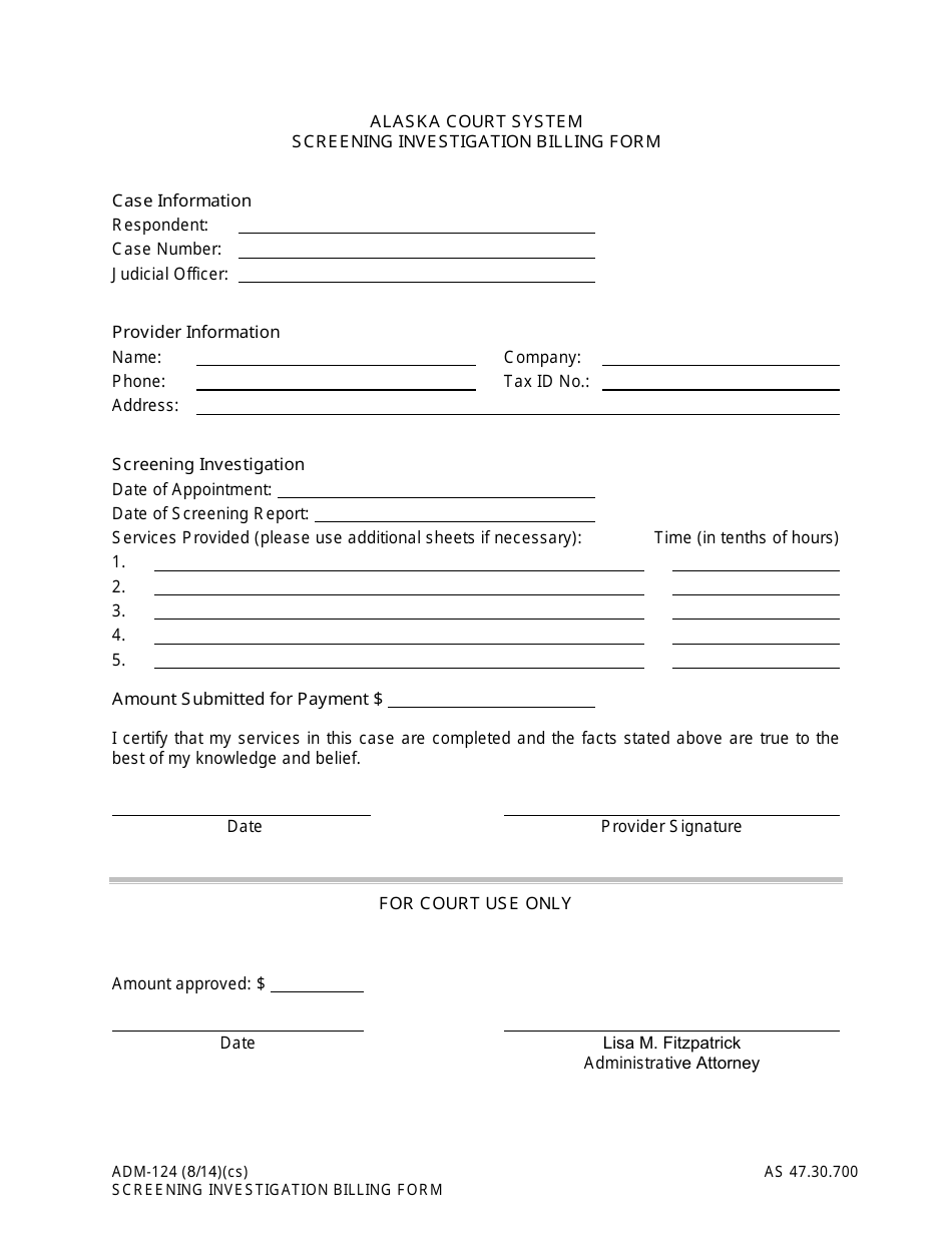 Form ADM-124 Screening Investigation Billing Form - Alaska, Page 1
