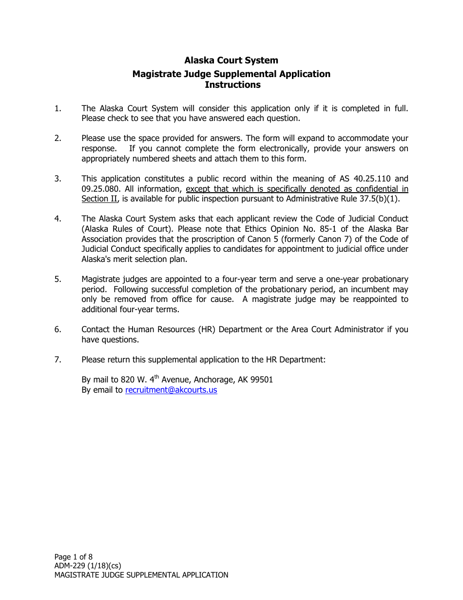 Form ADM-229 Magistrate Judge Supplemental Application - Alaska, Page 1