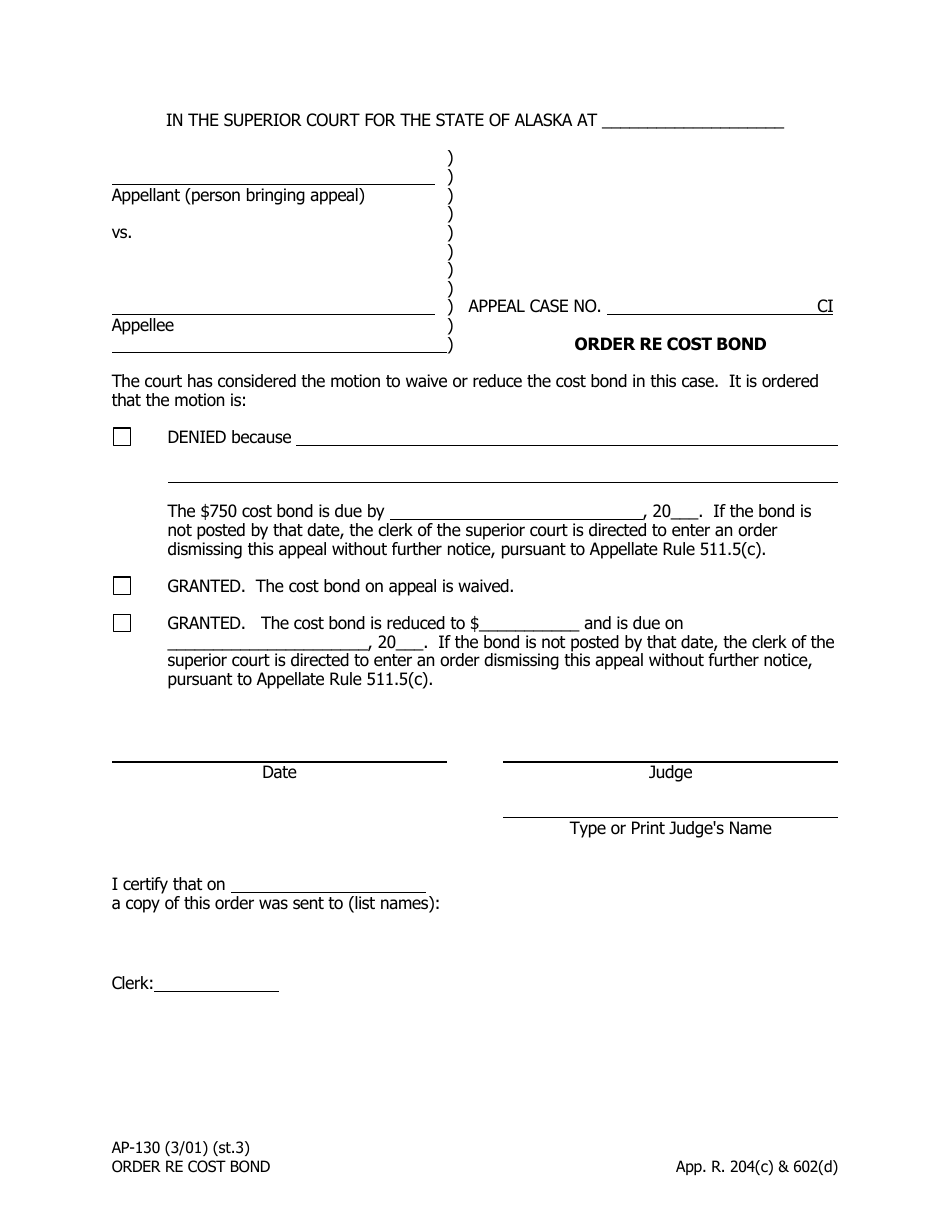 Form AP-130 Order Re Cost Bond - Alaska, Page 1