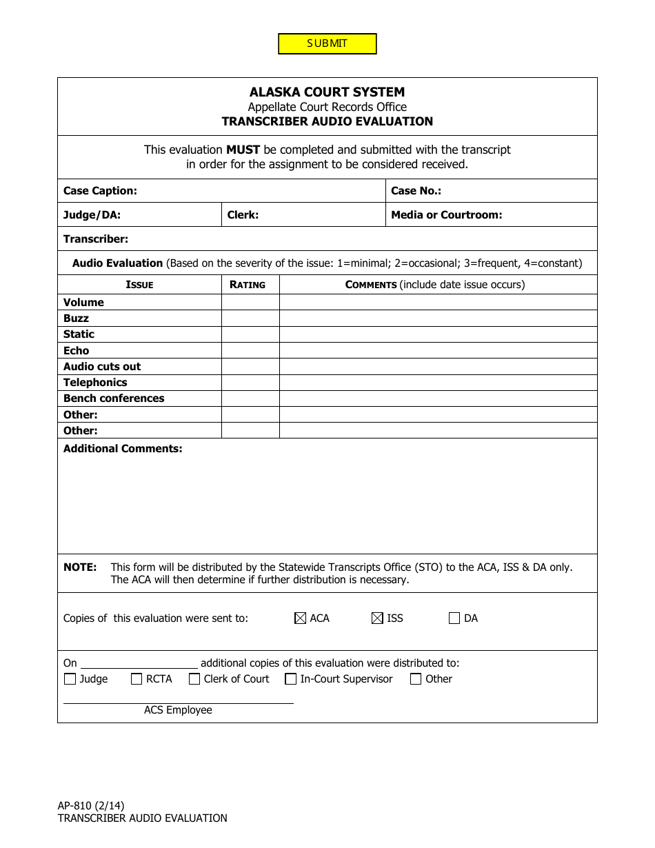 Form AP-810 Transcriber Audio Evaluation - Alaska, Page 1