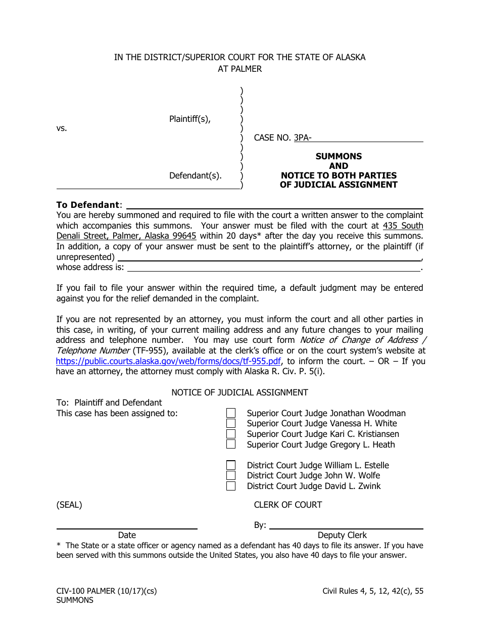 Form CIV-100 Summons and Notice to Both Parties of Judicial Assignment - City of Palmer, Alaska, Page 1