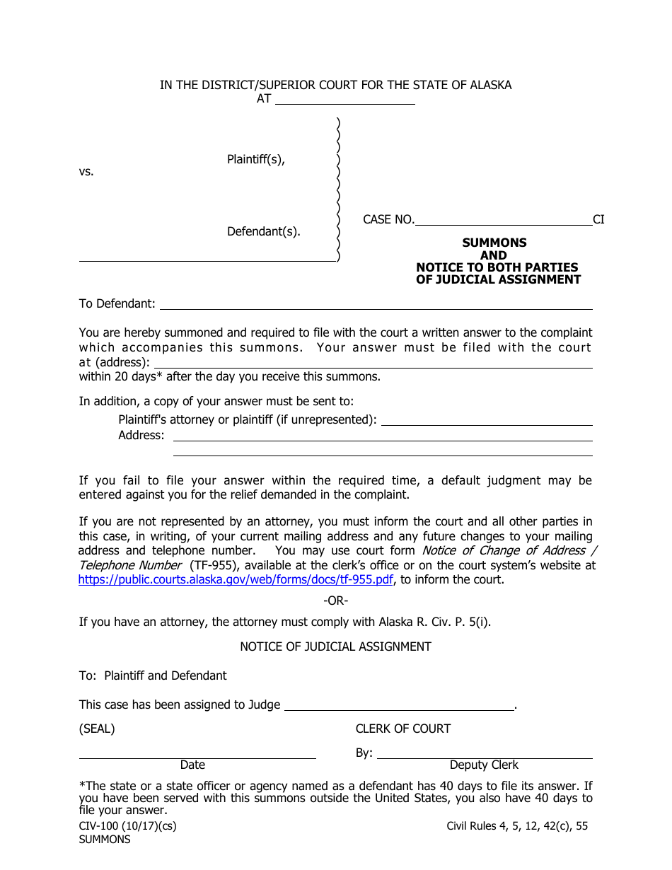Form CIV-100 Summons and Notice to Both Parties of Judicial Assignment - Alaska, Page 1