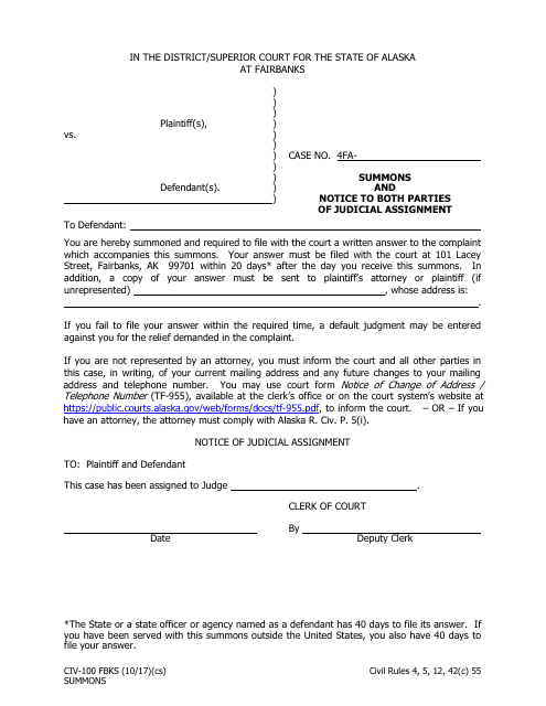 Form CIV-100 FBKS Summons and Notice to Both Parties of Judicial Assignment - City of Fairbanks, Alaska