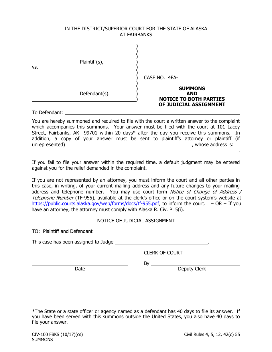 Form CIV-100 FBKS Summons and Notice to Both Parties of Judicial Assignment - City of Fairbanks, Alaska, Page 1