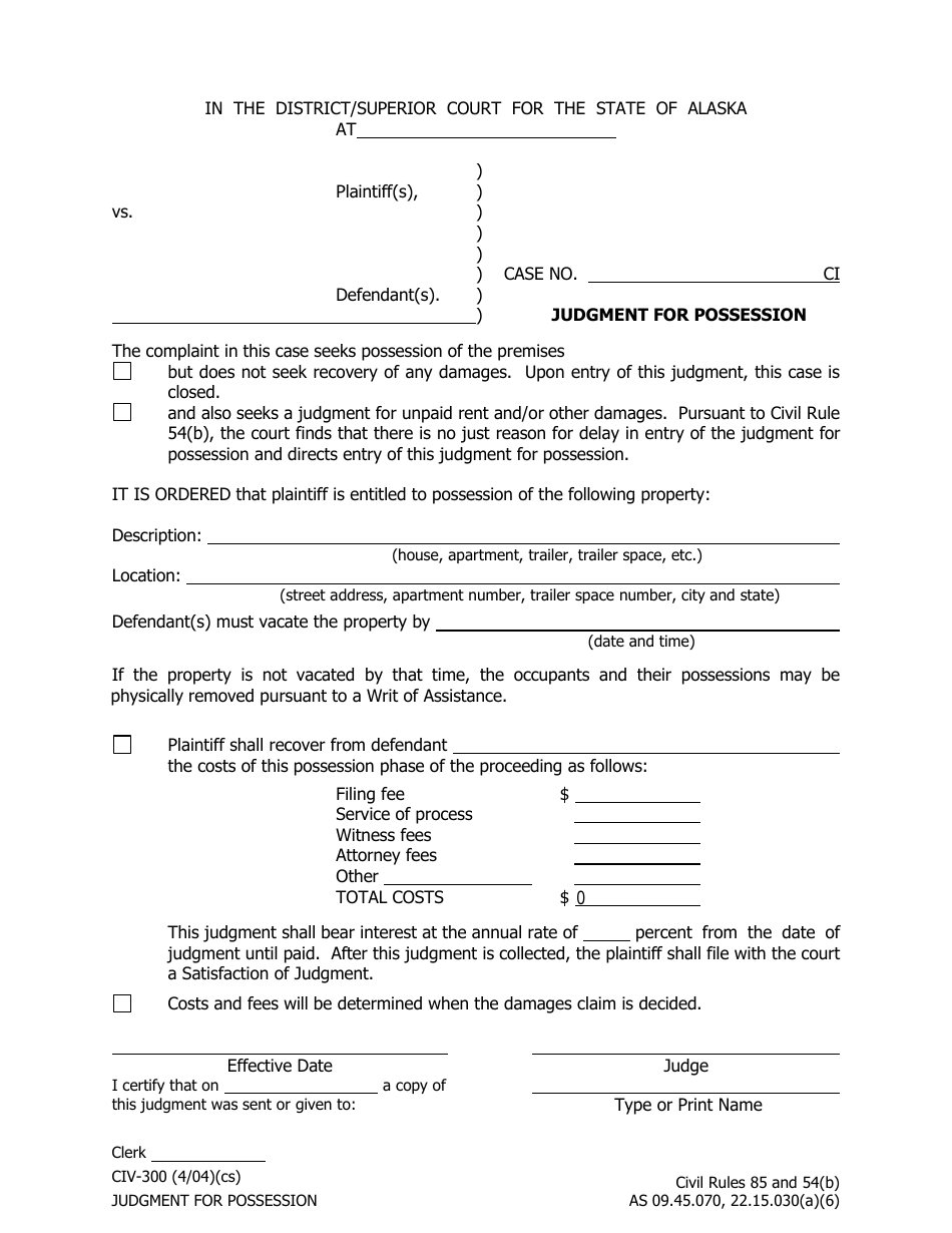 Form CIV-300 Judgment for Possession - Alaska, Page 1