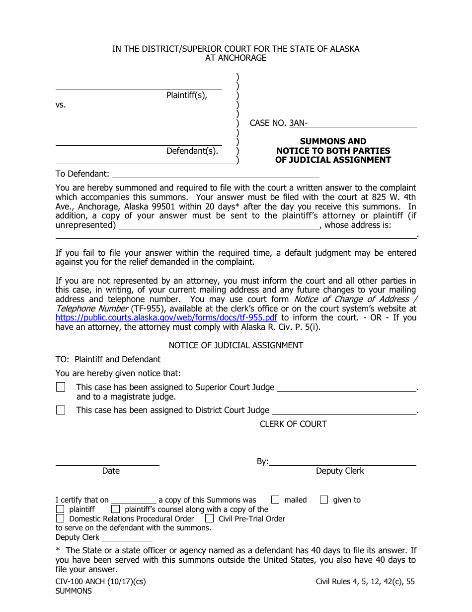 Form CIV-100 ANCH Summons and Notice to Both Parties of Judicial Assignment - Municipality of Anchorage, Alaska, Page 1