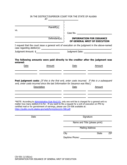Form CIV-501  Printable Pdf