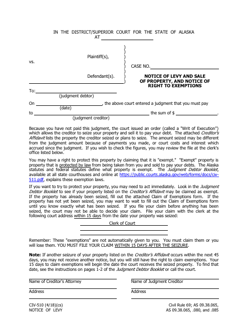Form CIV-510 Notice of Levy and Sale of Property, and Notice of Right to Exemptions - Alaska