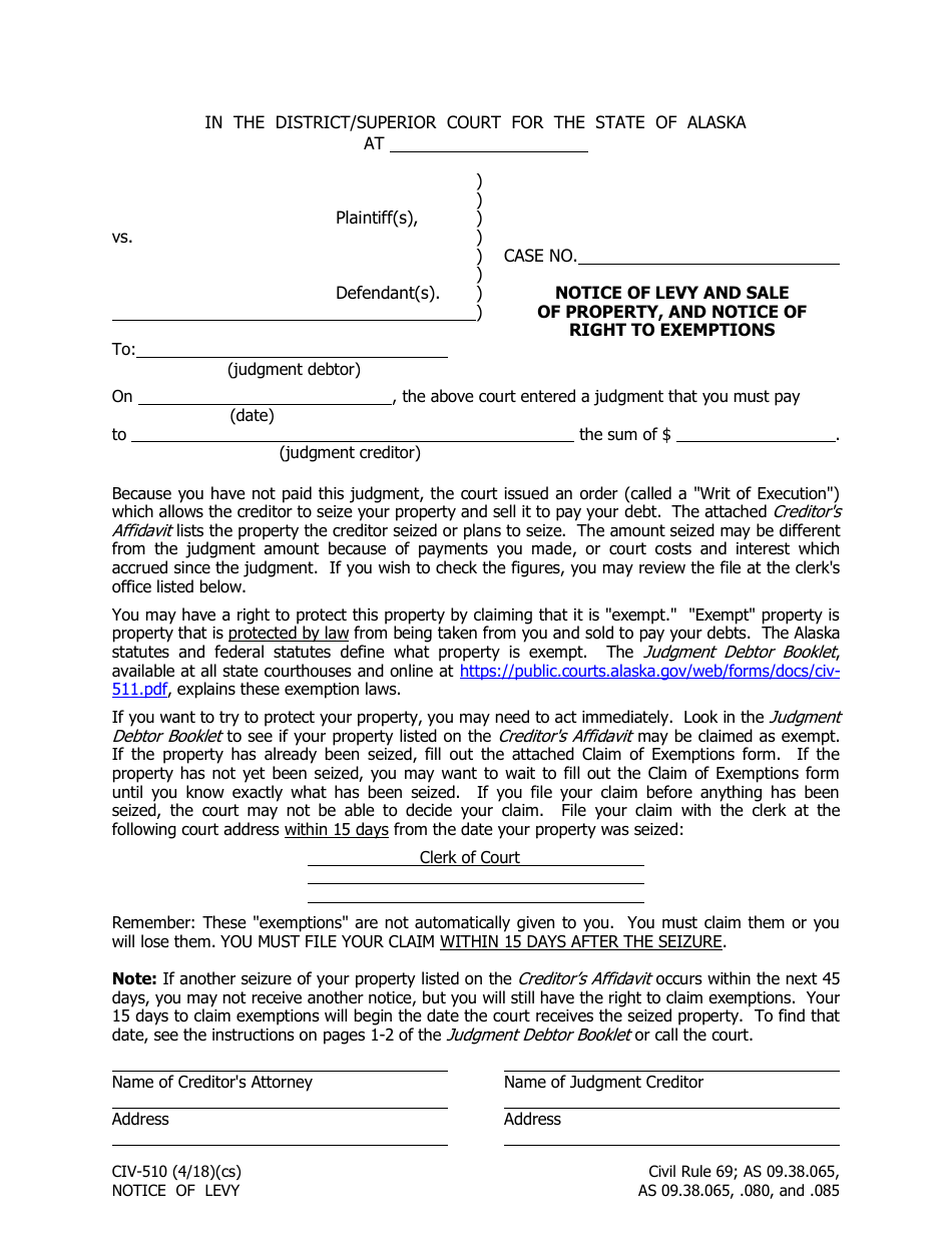 Form CIV510 Fill Out, Sign Online and Download Fillable PDF, Alaska