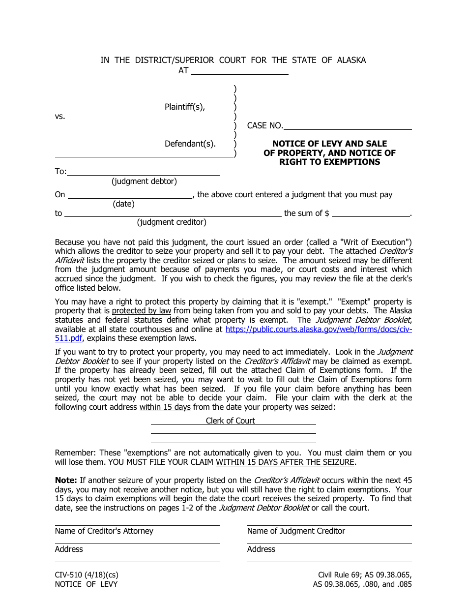 Form CIV-510 Notice of Levy and Sale of Property, and Notice of Right to Exemptions - Alaska, Page 1
