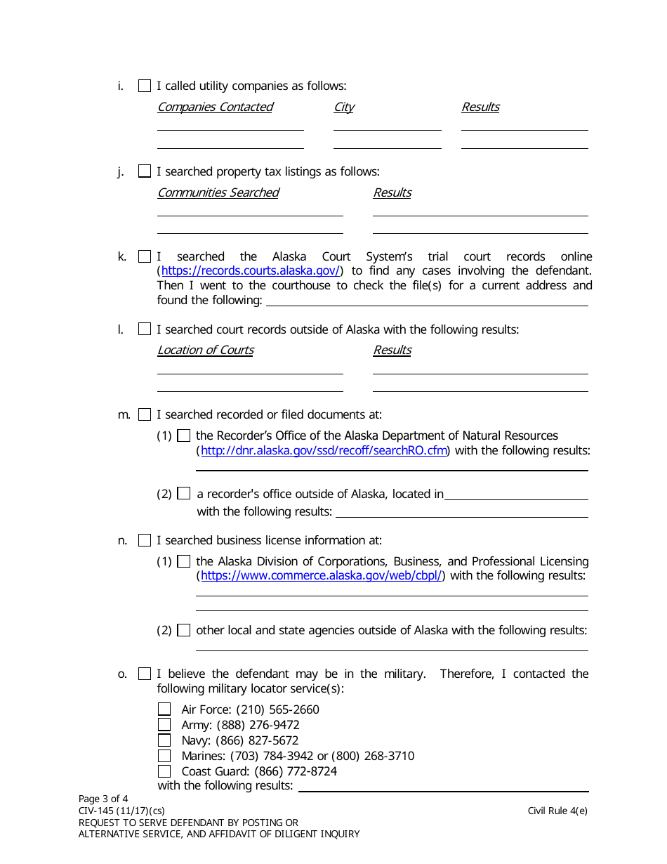 Form CIV-145 Request to Serve Defendant by Posting or Alternative Service, and Affidavit of Diligent Inquiry - Alaska, Page 3