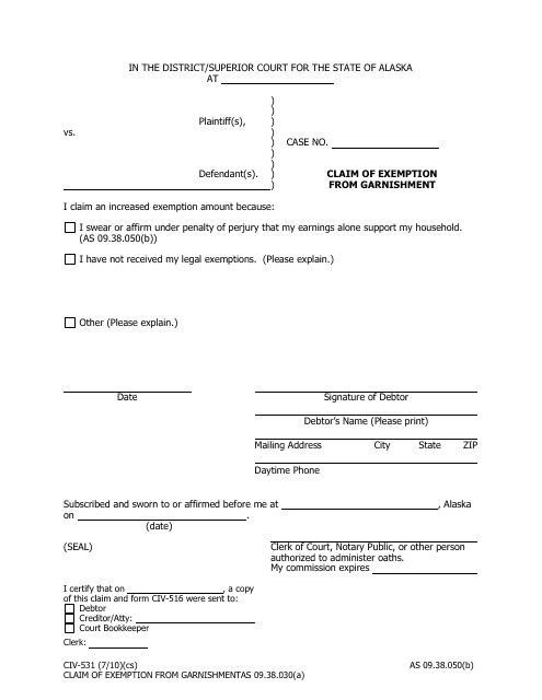 Form CIV-531 Claim of Exemption From Garnishment - Alaska