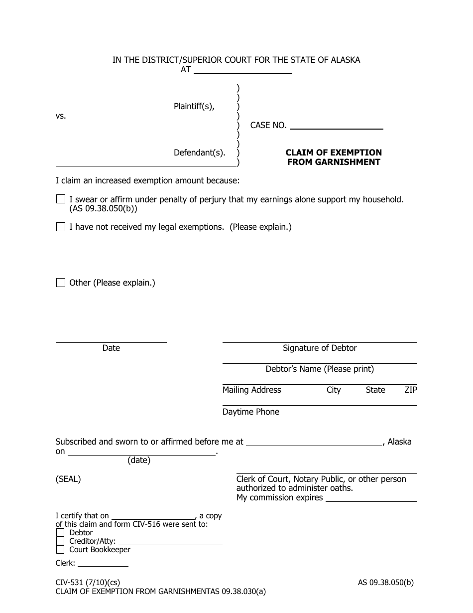 Form CIV-531 Claim of Exemption From Garnishment - Alaska, Page 1