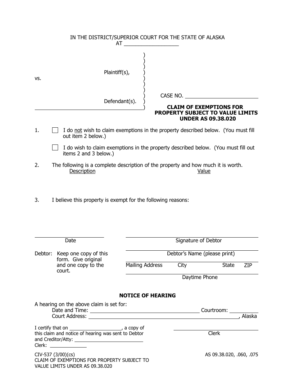 Form CIV-537 - Fill Out, Sign Online and Download Printable PDF, Alaska ...