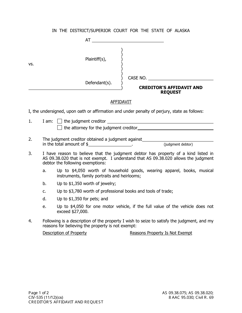 Form CIV-535 Creditors Affidavit and Request - Alaska, Page 1