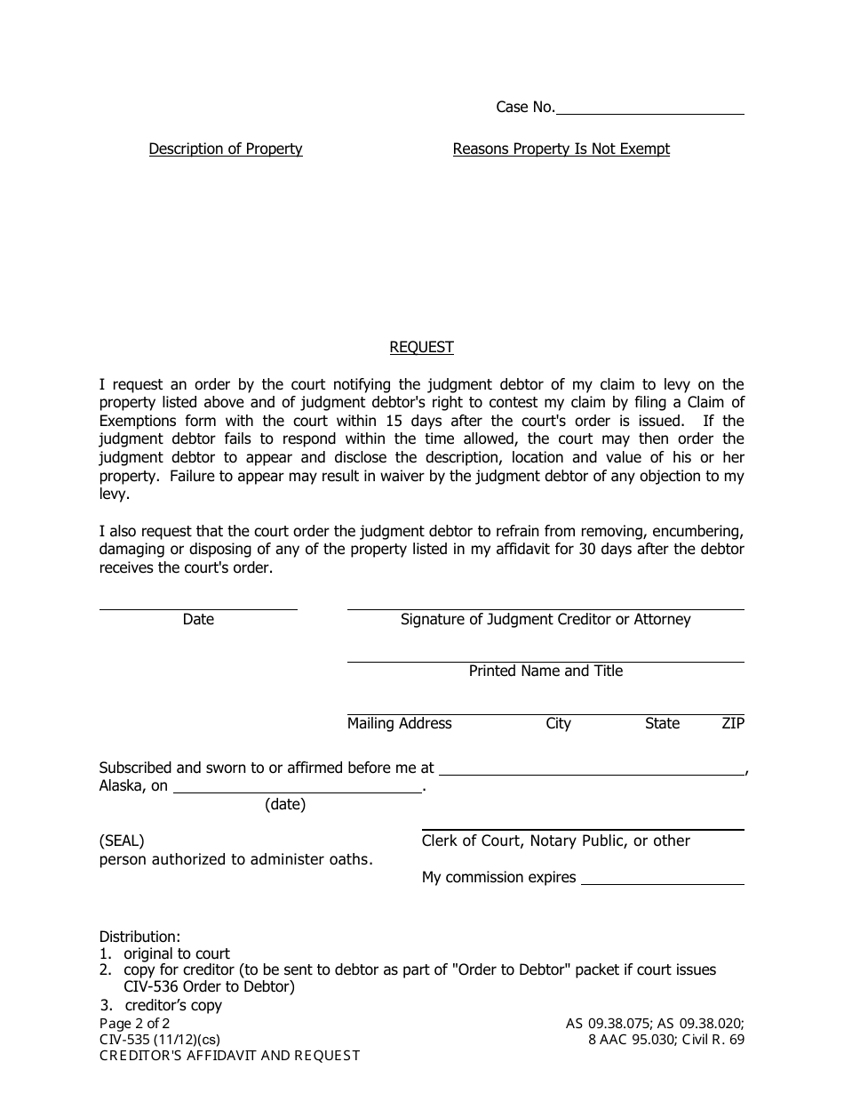 Form CIV-535 - Fill Out, Sign Online and Download Fillable PDF, Alaska ...