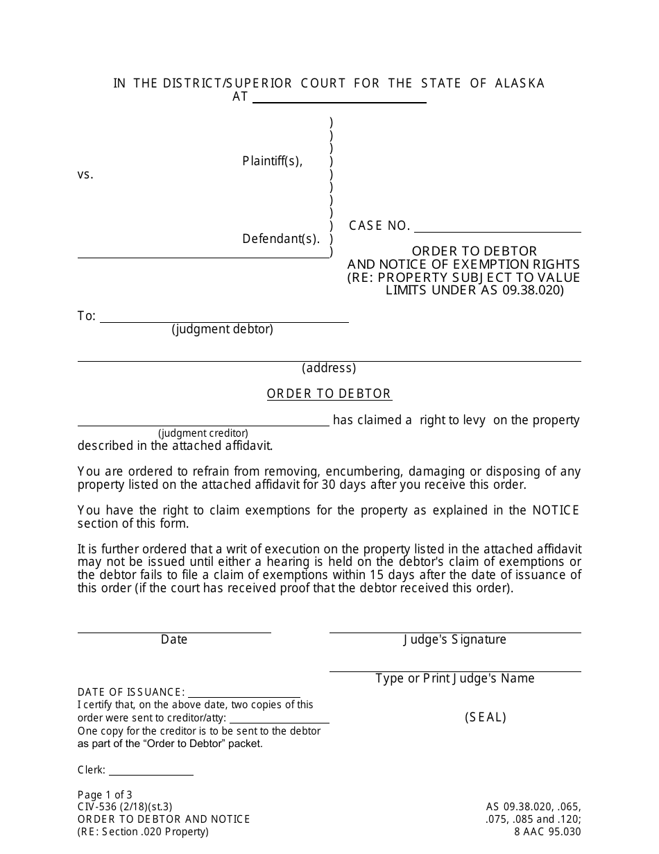 Form CIV-536 Order to Debtor and Notice of Exemption Rights (Re: Property Subject to Value Limits Under as 09.38.020) - Alaska, Page 1