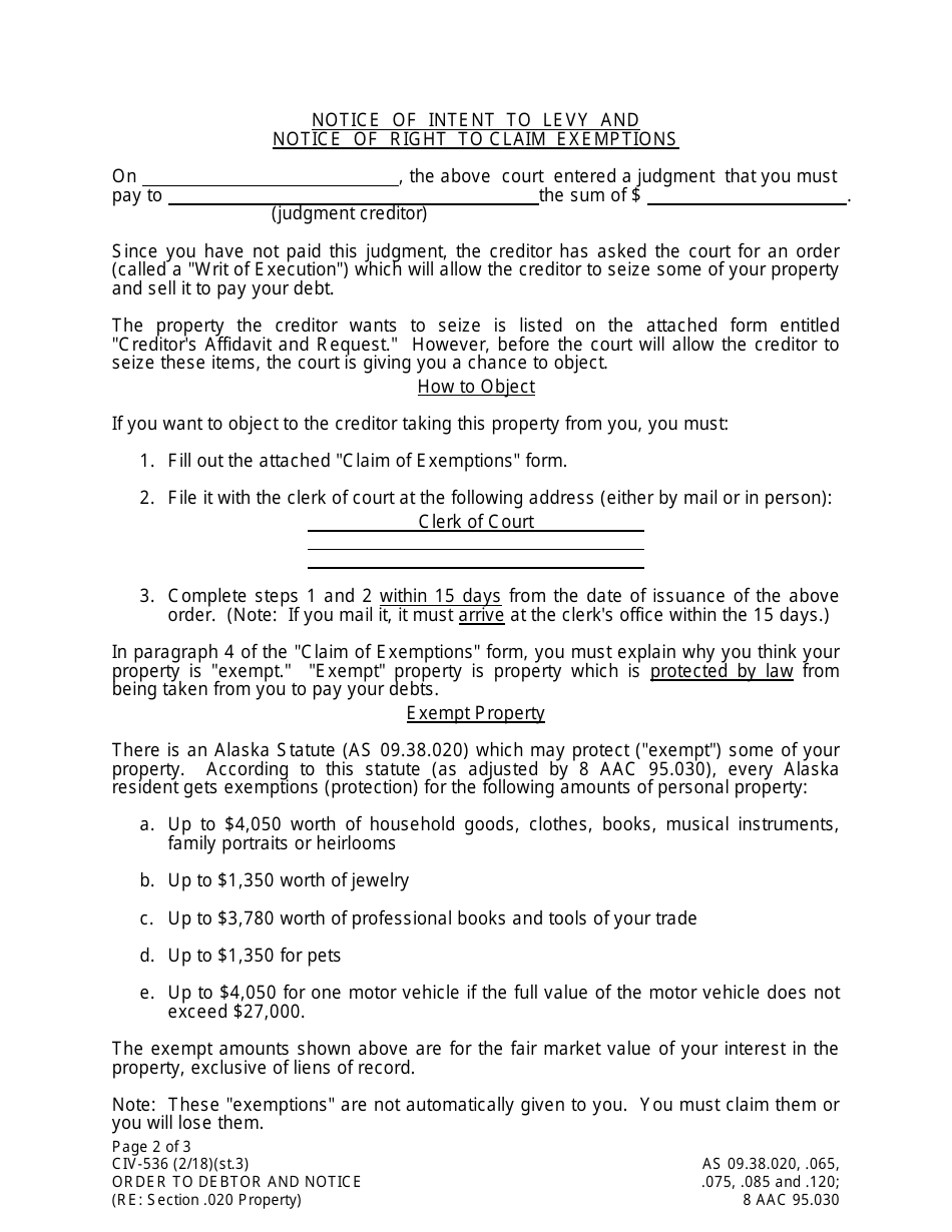 Form CIV-536 Order to Debtor and Notice of Exemption Rights (Re: Property Subject to Value Limits Under as 09.38.020) - Alaska, Page 2