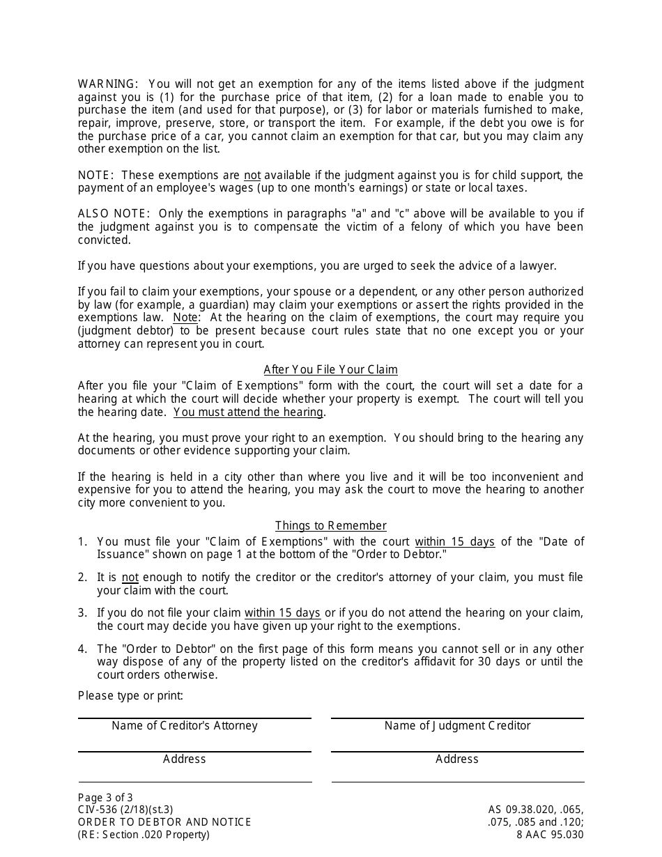 Form CIV-536 Order to Debtor and Notice of Exemption Rights (Re: Property Subject to Value Limits Under as 09.38.020) - Alaska, Page 3