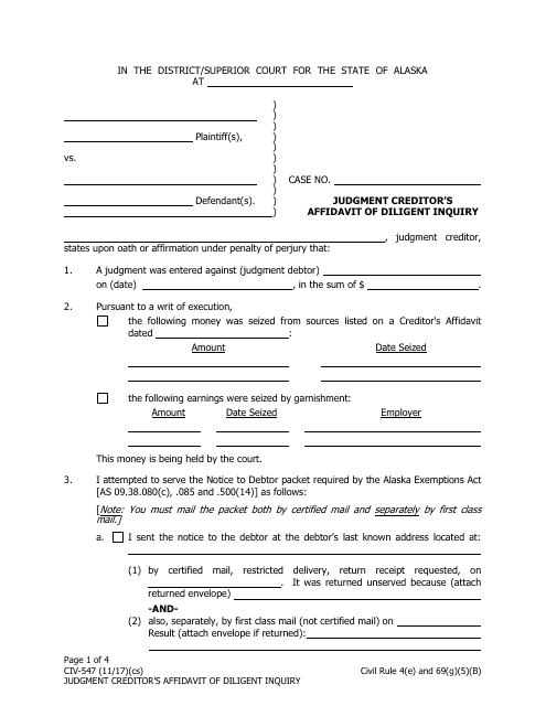 Form CIV-547 Judgment Creditor's Affidavit of Diligent Inquiry - Alaska