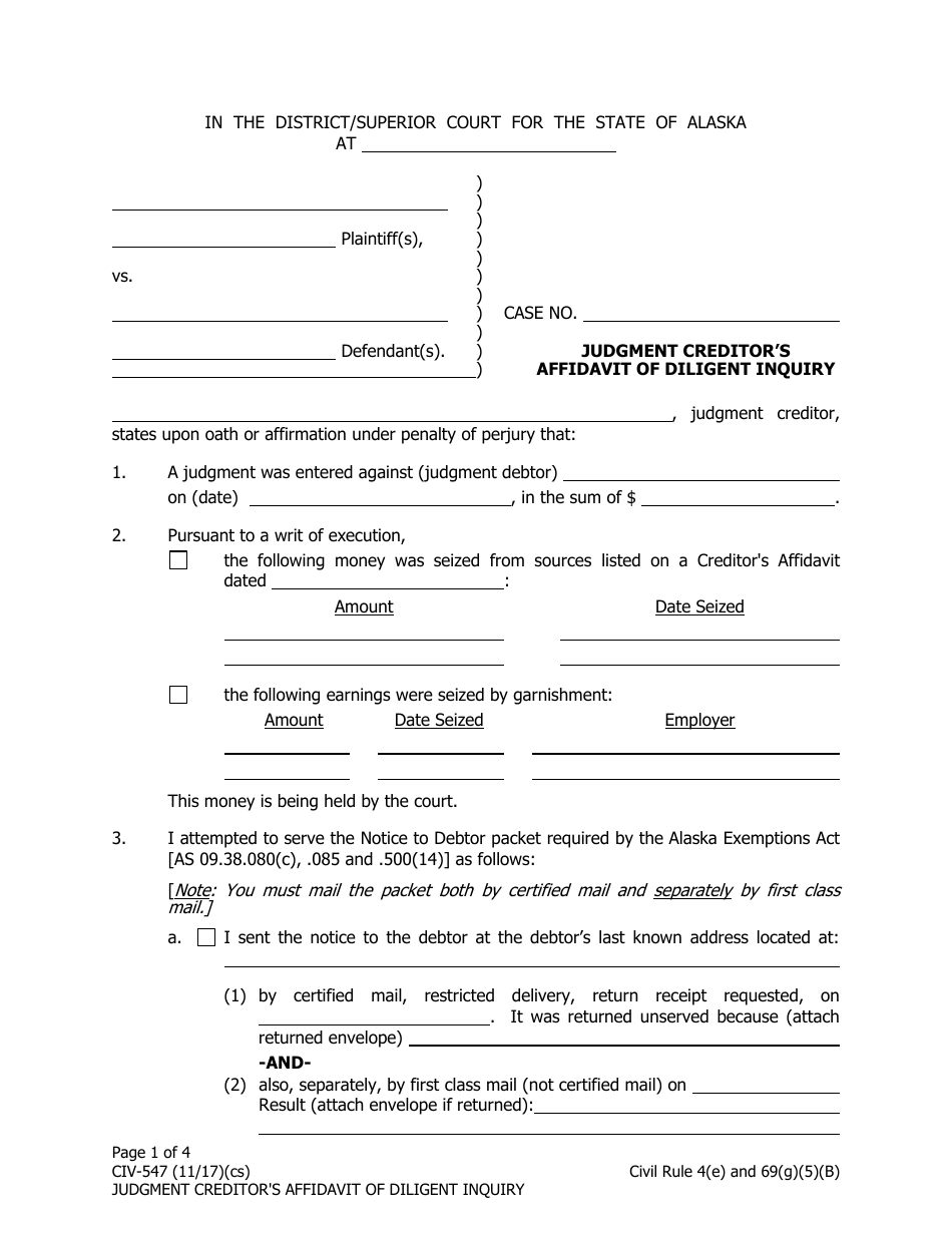 Form CIV-547 Judgment Creditors Affidavit of Diligent Inquiry - Alaska, Page 1