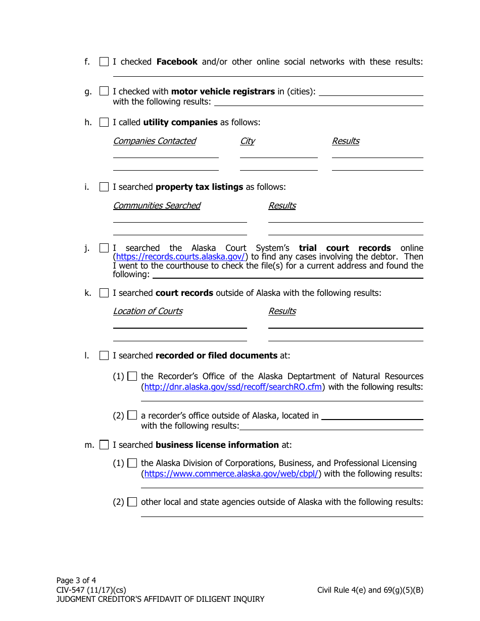 Form CIV-547 Judgment Creditors Affidavit of Diligent Inquiry - Alaska, Page 3