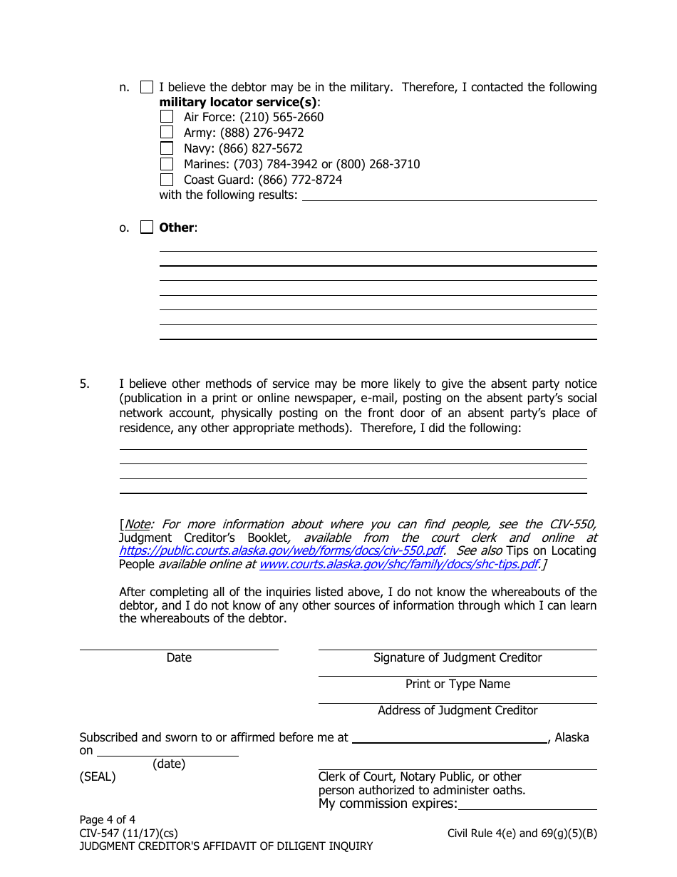 Form CIV-547 Judgment Creditors Affidavit of Diligent Inquiry - Alaska, Page 4